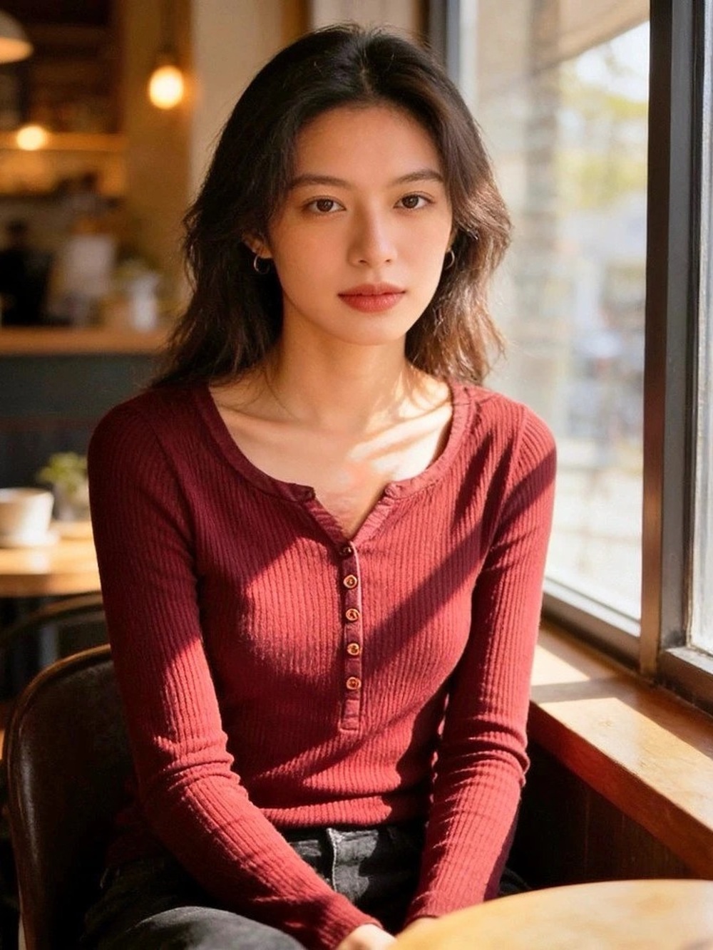 🌸V2 - VENUS Ribbed Long-Sleeve Henley Top Burgundy Red🍷🛍️